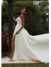 Strapless Beaded Ivory Lace Satin Slit Wedding Dress With Pockets